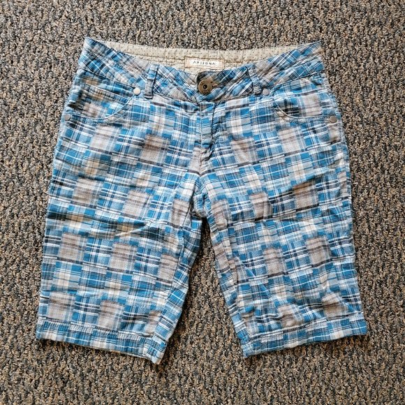 Arizona Jeans Teal Plaid Patchwork Boho Shorts Junior Size 7 - Picture 1 of 7